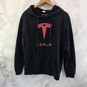 Tesla Hoodie Mens Medium Black Red Sweatshirt Pullover Fleece Cotton Three In
